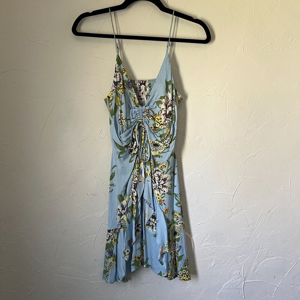 Free People Happy Heart Blue Floral Ruched Mini Dress Cottagecore Picnic Size S - Picture 6 of 9